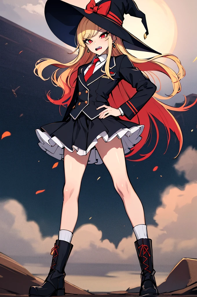(absurdres, 8k, 4k, masterpiece, hyper extreme detailed:1.2), solo, perfect anatomy, cowboy shot, 1girl, front view, perfect face, 1girl, portrait, standing, adult, adult female, mature, Female, Mature Female, very long hair, 8k uhd, 1girl, slender, cowboy shot, standing, full body, front view, red tie, night sky, moon, stockings, big witch hat, witch, blonde hair, piercings, earrings, detailed eyes, expressive eyes, colorful pupils, blazer, skirt, fang tooth, red eyes, earrings, hand on hip, flat chest, looking forward, front view, messy hair, wind, windy, moving hair, moving clothes, swept bangs, mature body, gyaru, crazy face, crazy eyes, disgusted, annoyed, colorful clothing, groan, military boots