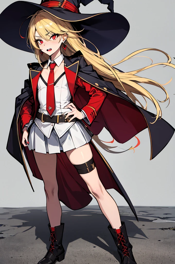 (absurdres, 8k, 4k, masterpiece, hyper extreme detailed:1.2), solo, perfect , cowboy shot, 1girl, front view, perfect face, 1girl, portrait, standing, adult, adult female, mature, Female, Mature Female, very long hair, 8k uhd, 1girl, slender, cowboy shot, standing, full body, front view, red tie, night sky, moon, stockings, big witch hat, witch, blonde hair, piercings, earrings, detailed eyes, expressive eyes, colorful pupils, blazer, skirt, fang tooth, red eyes, earrings, hand on hip, flat chest, looking forward, front view, messy hair, wind, windy, moving hair, moving clothes, swept bangs, mature body, gyaru, crazy face, crazy eyes, disgusted, annoyed, colorful clothing, groan, military boots