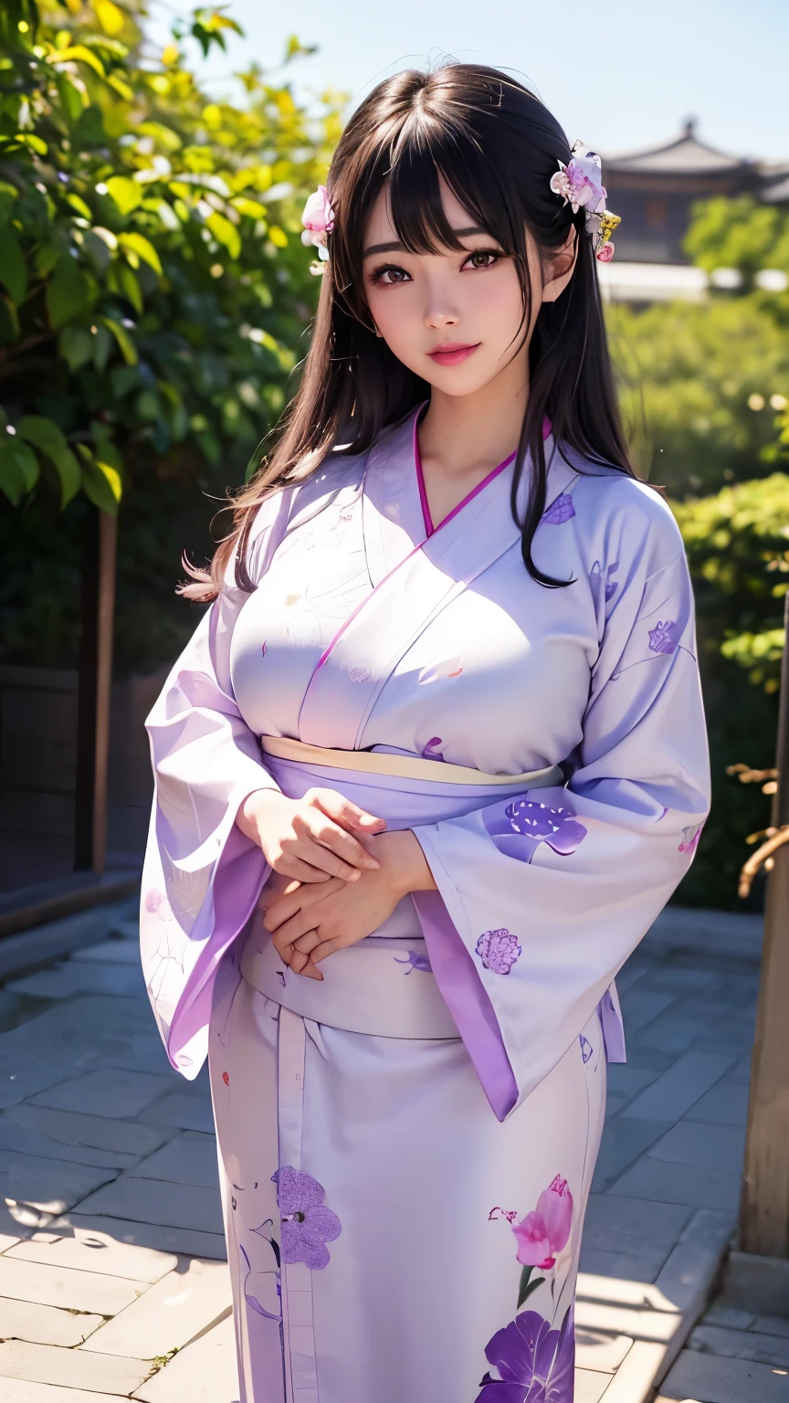 (logo、masterpiece、8K、Tabletop、RAW Photos、wonderful、最high quality、フォトリアリスティックでVery detailedな CG 複合 8K 壁紙、high quality、Very detailed、Narrative poem、Particle Effects、Dynamic Effects、Depth of the Boundary、Cinematic Light、Lens flare、Ray Tracing)、 (One beautiful woman wearing a yukata、White yukata、Light purple pattern)、Black-haired、High definition skin、Very fine、Fine skin texture、Beautiful Face、True Face、Beautiful details in the eyes、Realistic eyes、Beautifully detailed eyes、Realistic Skin、Beautiful Skin、Surreal、Smiling Eyes、Hair and light eyes、vivid、Colorful lights and bokeh、plump lower lip、Pink Lips、Hair flutters in Wind、Hair bounces、wonderful景色、night、evening、Wind、moonlight、moonlight、light