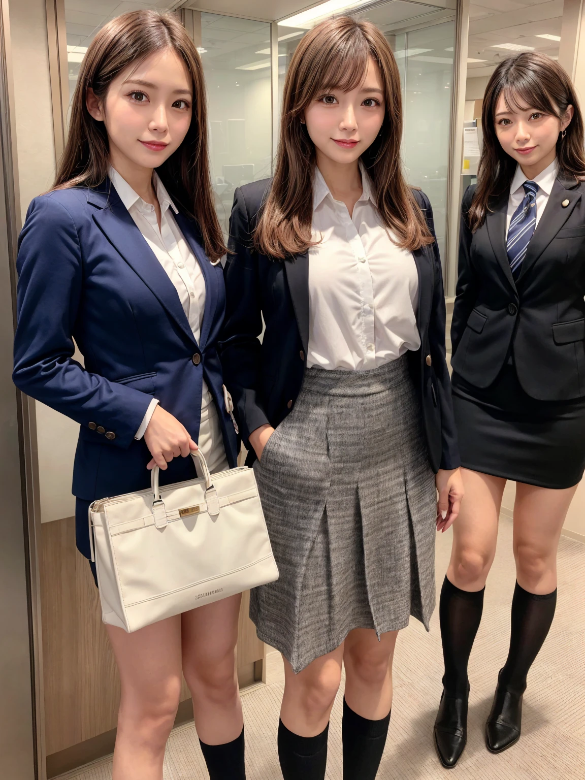 three women in business suit standing next to a wall, Japanese School Uniform, wearing Japanese , business suit, Japanese Girls , 厳格なbusiness suitを着ている, Office Clothes, Business Attire, sakimichan, business suitを着ている, Asian Woman, business suitを着ている, Wearing a jacket and skirt, Marketing Photos, Tight clothing, Meeting Preparation