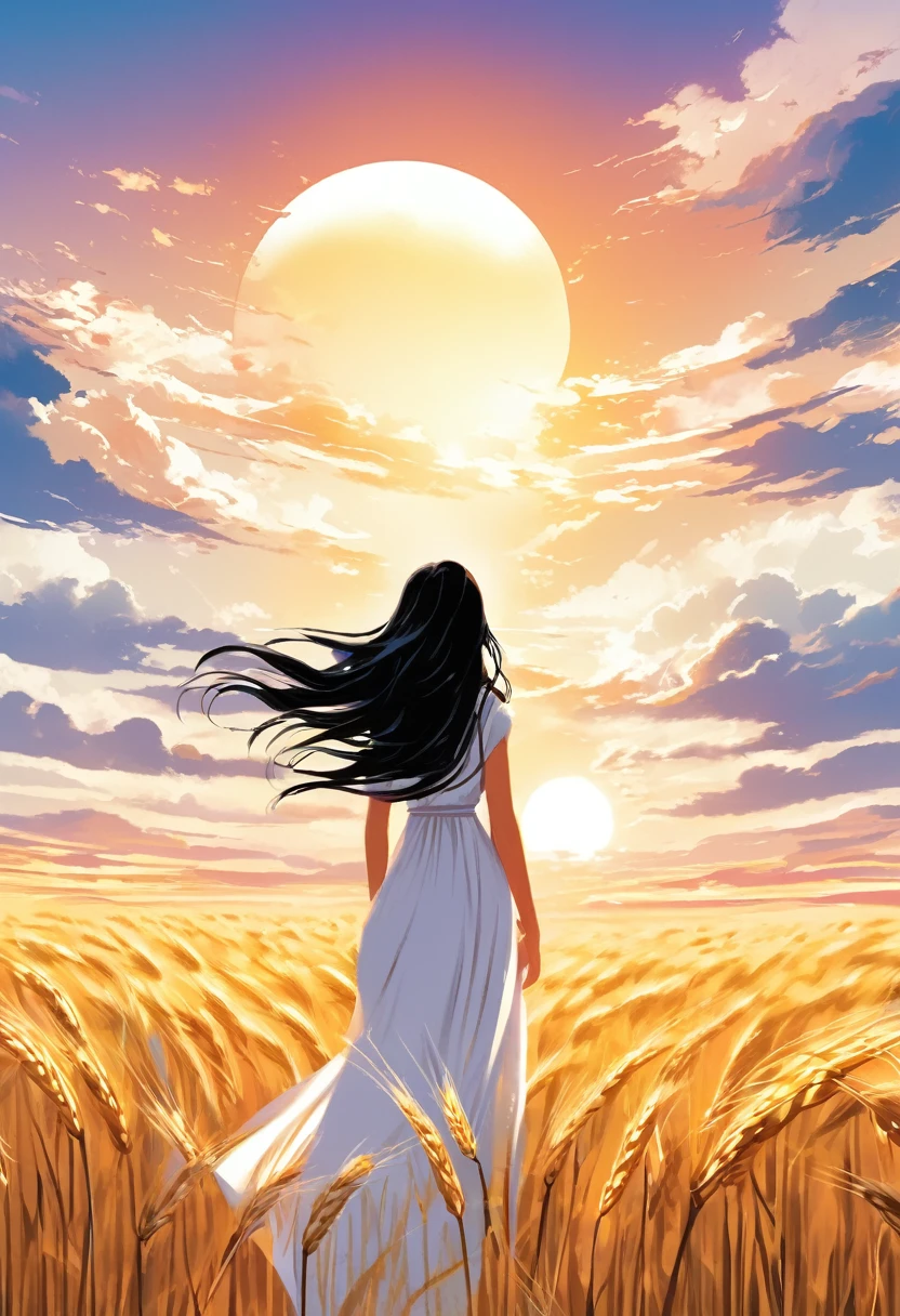 from far, with epic view, a woman with long black hair and white dress is standing in wheat meadow, looking at sun set, manga style, digital art, by Marshall Arisman, cover illustration, 70mm, 7 0 mm, 70 mm, book cover illustration, by Brigette Barrager, album cover, novel cover art for a book, art concept for a book cover, cover art, 7 feet tall,