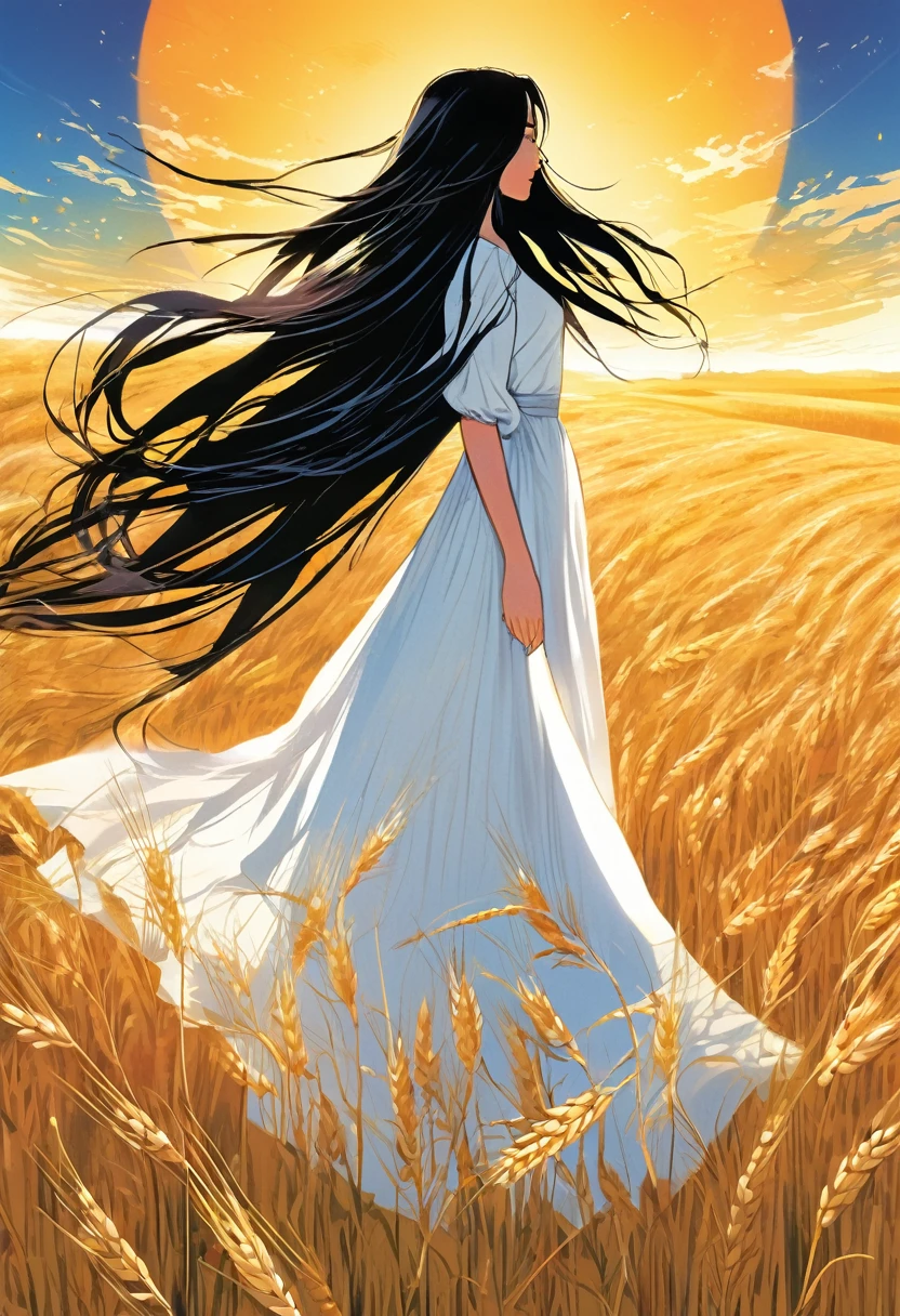 from far, with epic view, a woman with long black hair and white dress is standing in wheat meadow, looking at sun set, manga style, digital art, by Marshall Arisman, cover illustration, 70mm, 7 0 mm, 70 mm, book cover illustration, by Brigette Barrager, album cover, novel cover art for a book, art concept for a book cover, cover art, 7 feet tall,