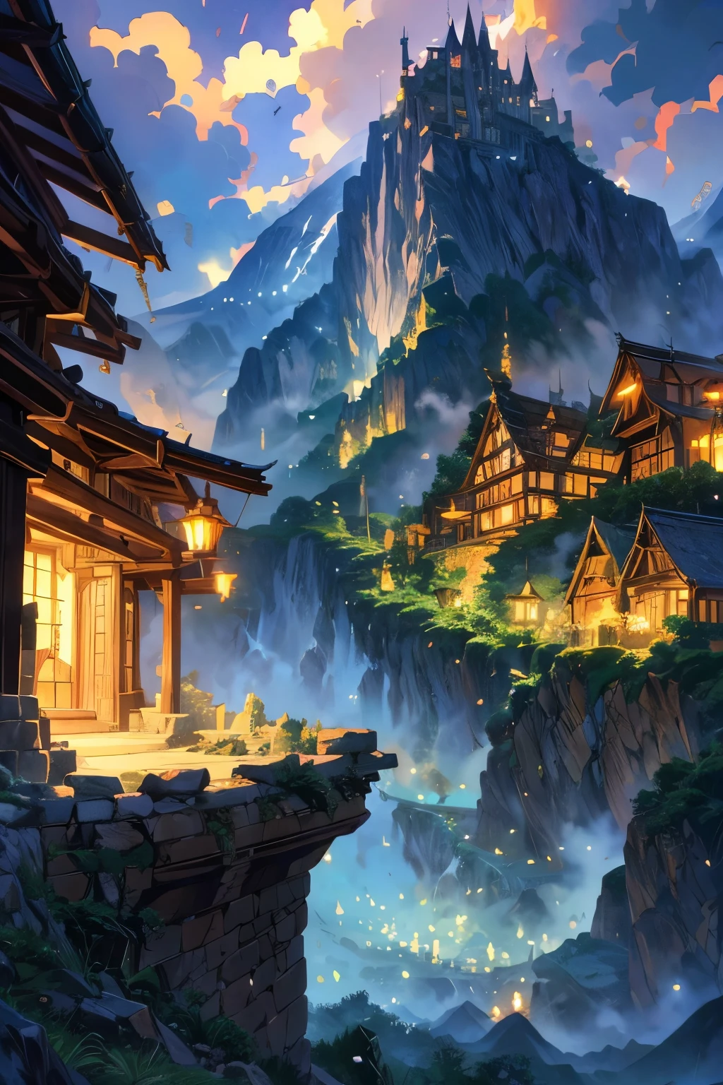 anime village with a mountain in the background, medeival fantasy town, mountain fortress city, fantasy town setting, detailed fantasy digital art, a bustling magical town, detailed digital concept art, cliffside town, 4k highly detailed digital art, fantasy town, detailed 4k concept art, highly detailed fantasy art, beautiful detailed concept art, steampunk villages castles