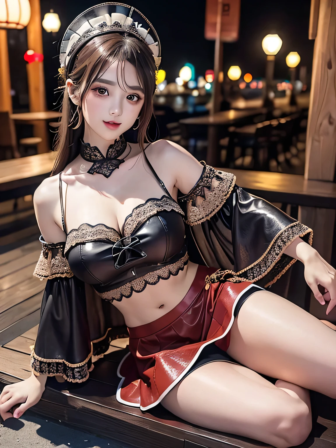 8k, RAW photo, top quality, masterpiece, realistic, photorealistic, clear, professional lighting, beautiful face, top quality, super high resolution.
BREAK (whole body:1.5), (18 year old very beautiful Japanese girl:1.3)
Slender, medium breasts
(The supermodel smiles confidently and strikes different poses in the photo shoot,:1.4)
(A very stylish cafe terrace that is magically lit up at night:1.3)
(Multi-layer bell sleeve crop top with scalloped trim, :1.4), ((off-shoulder, bare belly):1.3), (Crochet lace embellishment.:1.2)(Multi-layer asymmetric low-leg flared leather skirt, :1.3)