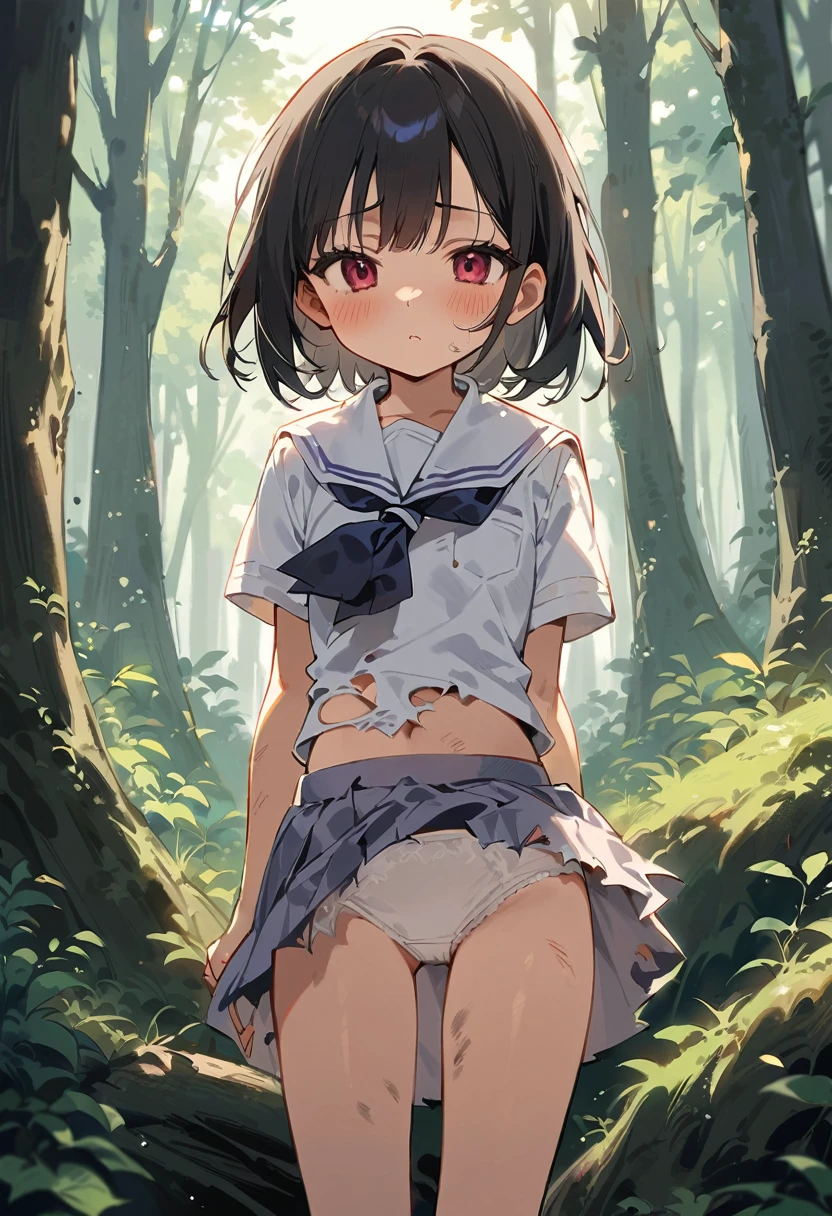 beautiful detailed girl,(masterpiece,best quality,extremely detailed:1.2),((cowboy shot:1.1)),(solo,,kawaii,slender,small breasts:1.25),(pained look:0.8),((white underwear) in ((Torn school uniform)):2),(dirty:2),blush,shy,weep,standing,(deep forest:1.5),(hug:0.4),rating: general, newest,Sexy face,(primitive:1.1)