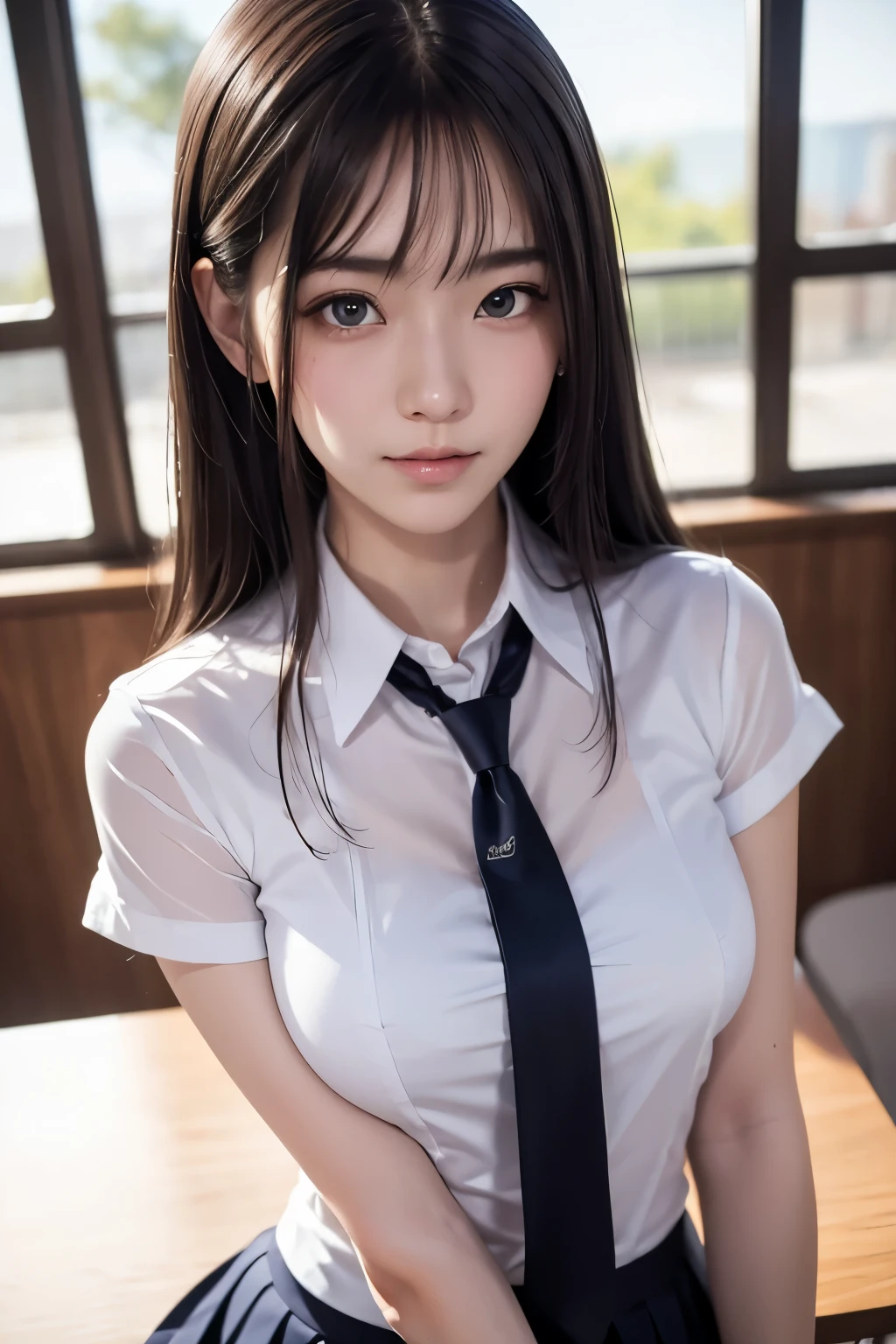 (masutepiece, Best Quality:1.2), 8K, 18year old, 85 mm, Official art, Raw photo, absurderes, White dress shirts, Pretty Face, close up, Upper body, violaceaess, gardeniass, Beautiful Girl, , (Navy pleated skirt:1.1), Cinch West, thighs thighs thighs thighs, Short sleeve, ‎Classroom, Gravure Pose, Looking at Viewer, No makeup,ssmile, Film grain, chromatic abberation, Sharp Focus, face lights, clear lighting, Teen, Detailed face, Bokeh background, (dark red necktie:1.1)、medium breasts⁩、Skinny face