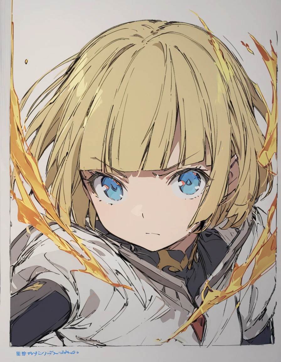 A girl fighting with golden flames(Sketches), (Open Close), (Small body), (Blonde:1.5) (Short Bob Hair:1.4), (Blue eyes)(Blunt bangs:1.3)