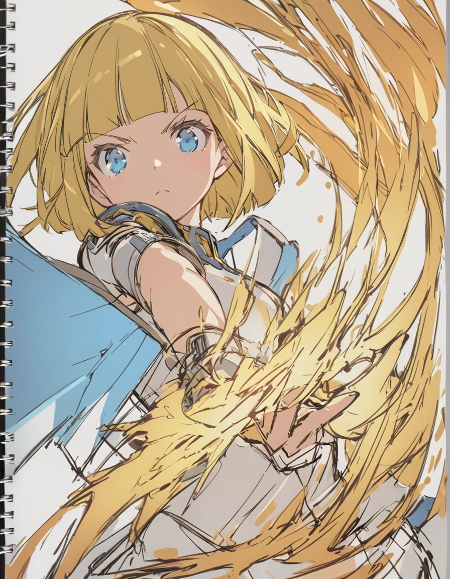 A girl fighting with golden flames(Sketches), (Open Close), (Small body), (Blonde:1.5) (Short Bob Hair:1.4), (Blue eyes)(Blunt bangs:1.3)
