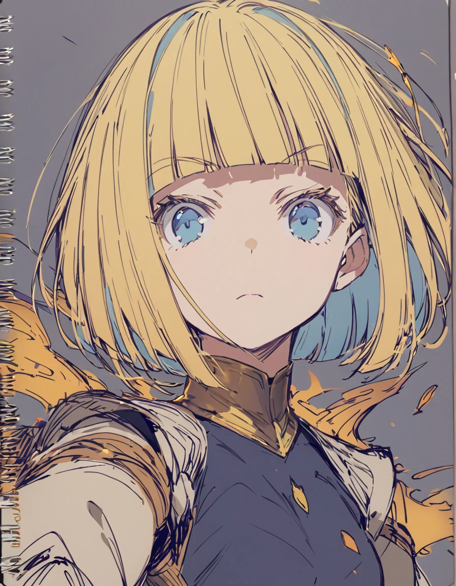 A girl fighting with golden flames(Sketches), (Open Close), (Small body), (Blonde:1.5) (Short Bob Hair:1.4), (Blue eyes)(Blunt bangs:1.3)