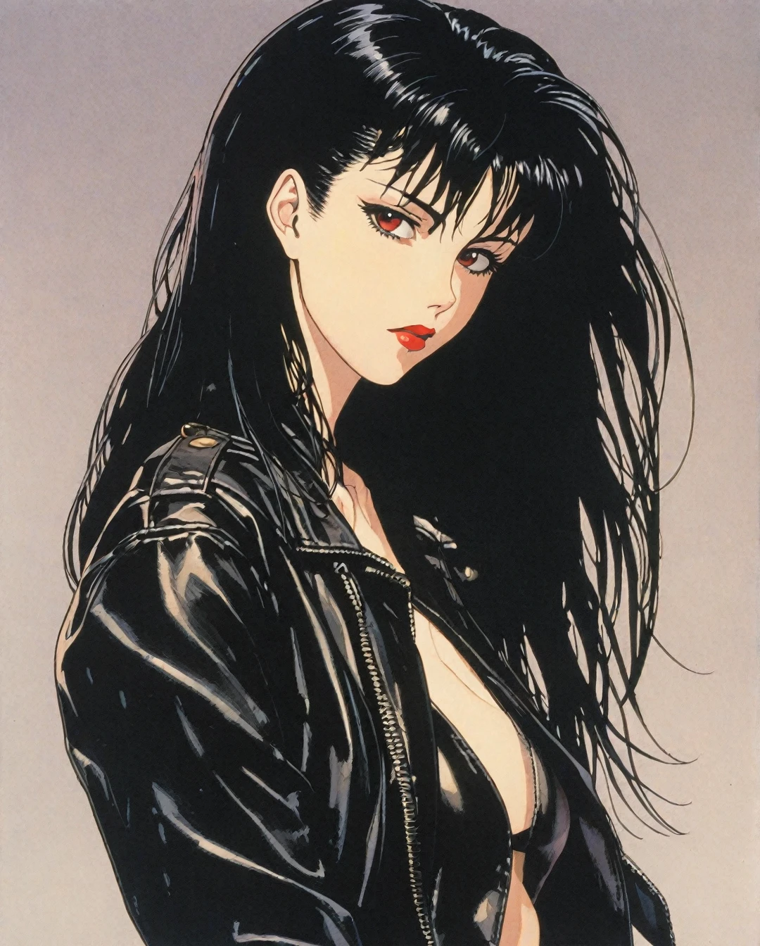 Flat-colored still of a 1 girl, pale skin, long black hair , brown eyes, full red lips,  leather jacket, tight leather jeans, tight black t-shirt.. anime girl from a 80s Anime portrayed by hajime sorayama, looking away from the viewer, solemn expression