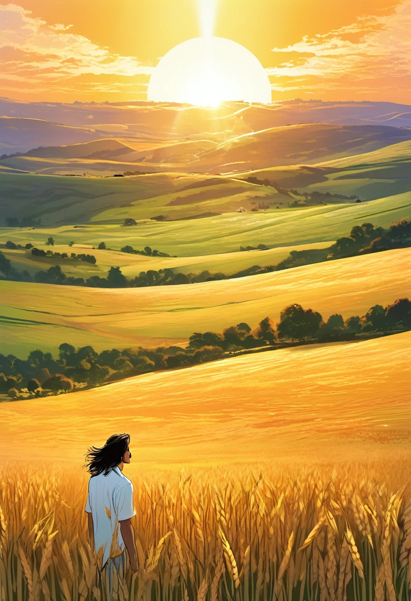 from far, with epic view, a man with long  hair and white shirt is standing in wheat meadow, looking at sun set, manga style, digital art, by Marshall Arisman, cover illustration, 70mm, 7 0 mm, 70 mm, book cover illustration, by Brigette Barrager, album cover, novel cover art for a book, art concept for a book cover, cover art, 7 feet tall,