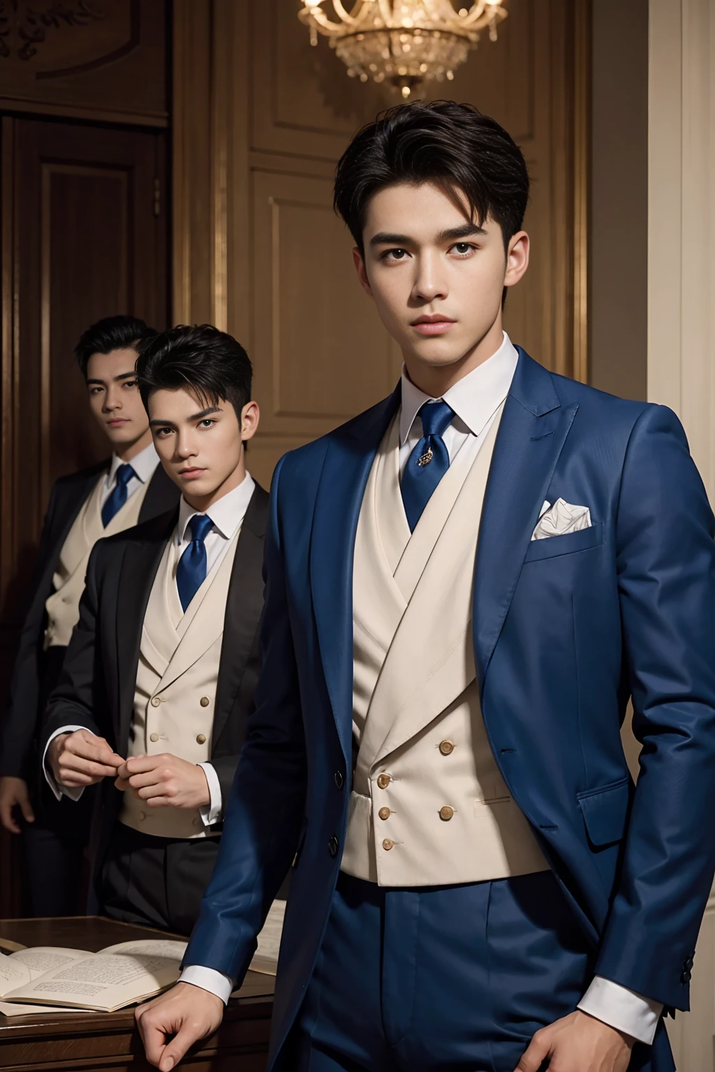 ((masterpiece)),((best quality)),8K,high detail,Very detailed, Very manly,3 men, like,fashion pose, Realistic skin texture, Light,
Royal blue style couple