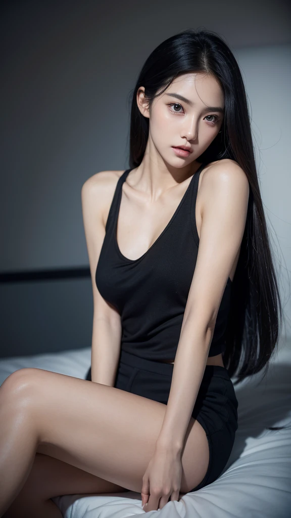 Quiet，Light makeup，，Peerless Beauty，Intellectual，clavicle，Neat long hair，Black Hair，Delicate face，Exquisite  features，Natural expression，Natural eyes， blue sports shorts