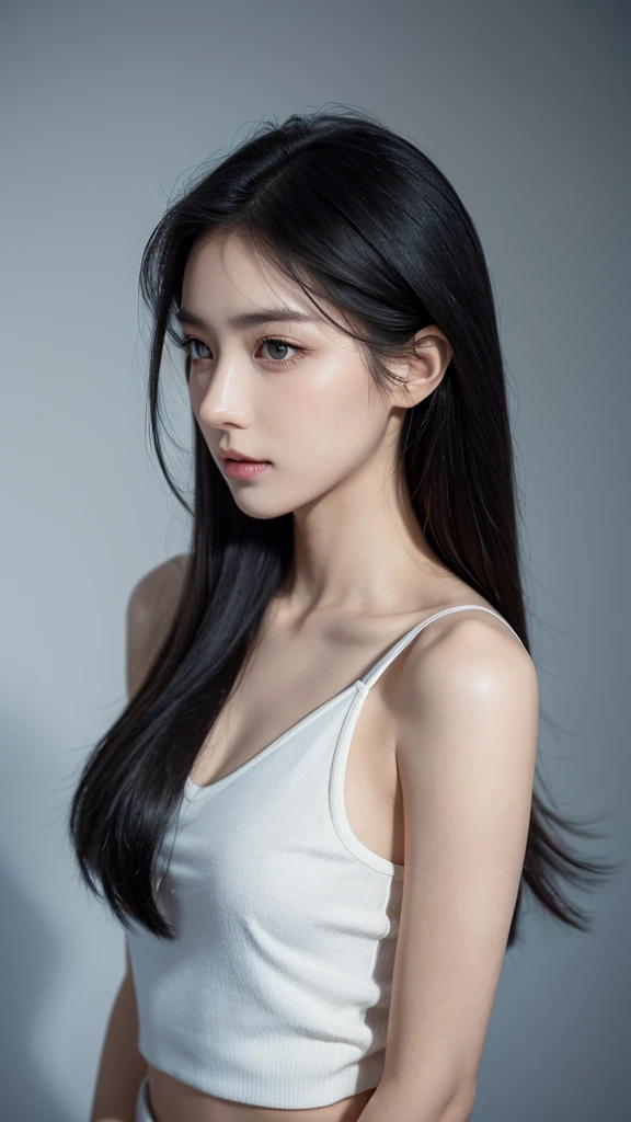 Quiet，Light makeup，Sexy，Peerless Beauty，Intellectual，clavicle，Neat long hair，Black Hair，Delicate face，Exquisite facial features，Natural expression，Natural eyes，sexy blue sports shorts