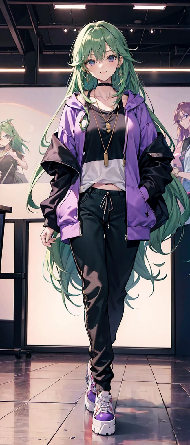 High resolution, high resolution,2D Anime Style,,Cool woman,Mature look,,Late 20s,Beautiful long green hair,Purple Eyes,Beautiful watch,Beautiful earrings,Beautiful necklace,Street fashion,Oversized hoodie,Long wide pants,Platform sneakers,He is smiling a little,In the Studio,I'm playing the guitar,
