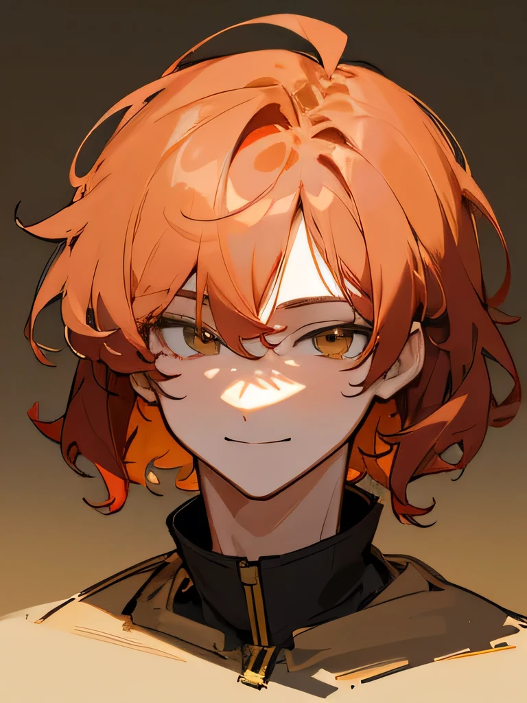 Man Messy red wavy short hair, stunning anime face portrait, looking to nothing, smile thinly, manly, bright warm GOLDEN YELLOW high detailed thin eyes, grayard grey background, high detailed shadow