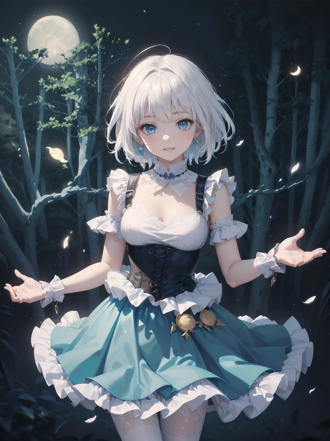 masterpiece、Highest quality、Beautiful expression、Absurd、Extraordinary World、Beauty、solo、Idol、(Cowboy Shot、Light blue ruffle lace long dress、white collar、White Ruffled Cuff、particle:1.5)、(bloom、Shine:1.4)、(Laughter)、(Short white hair、blue eyes:1.7)、Sharp focus、Photorealistic、High resolution、Most detailed、Very detailed、Detailed face and eyes、Sharp pupils、Realistic student、Sharp focus、 Shiny skin、Black Corset、Black pantyhose、(Dark Forest、moon、Dark Background:1.5)、Rim Light、dynamic, Cinema Lighting