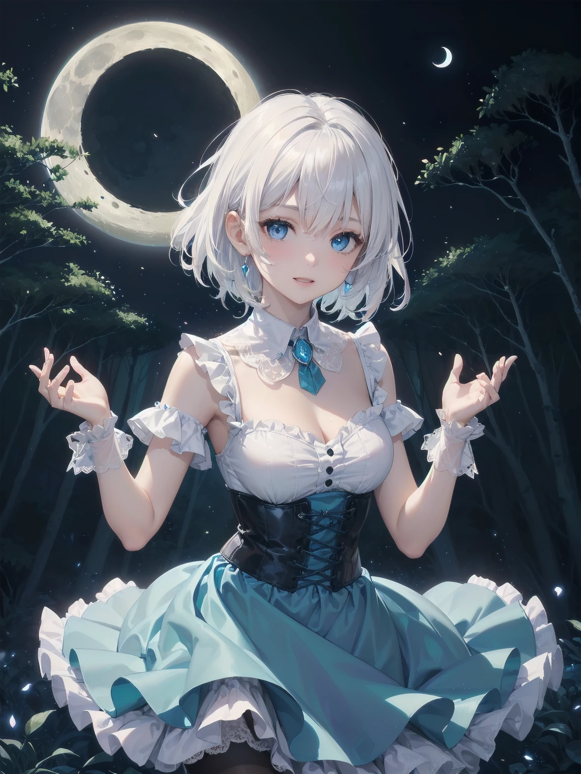 masterpiece、Highest quality、Beautiful expression、Absurd、Extraordinary World、Beauty、solo、Idol、(Cowboy Shot、Light blue ruffle lace long dress、white collar、White Ruffled Cuff、particle:1.5)、(bloom、Shine:1.4)、(Laughter)、(Short white hair、blue eyes:1.7)、Sharp focus、Photorealistic、High resolution、Most detailed、Very detailed、Detailed face and eyes、Sharp pupils、Realistic student、Sharp focus、 Shiny skin、Black Corset、Black pantyhose、(Dark Forest、moon、Dark Background:1.5)、Rim Light、dynamic, Cinema Lighting