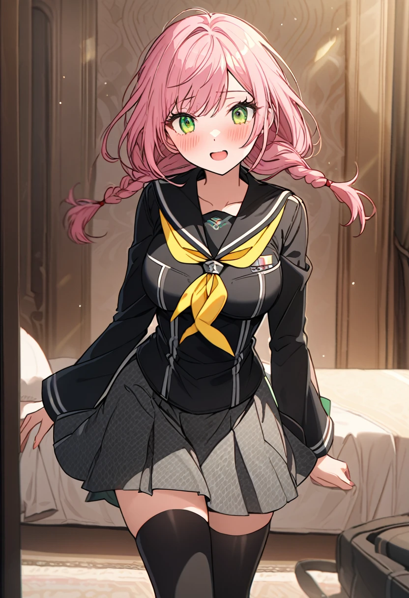 The image is of a beautiful woman wearing a tight fitting uniform. The woman has long flowing pink hair with strands of braided hair tied with red ribbon throughout. She has gorgeous green eyes that shine like emeralds. Her face is youthful and gorgeous. Her breasts are ample and seem too large for her uniform. She is short in height but well developed -a short stack. She blushes as you look at her. She's standing in your bedroom and is excited to be with you. The image is ultra detailed with gorgeous colors, perfect line work, and detailed shading. YasogamiFemaleWinter, black shirt, long sleeves, black sailor collar, yellow neckerchief, grey skirt, black thighhighs