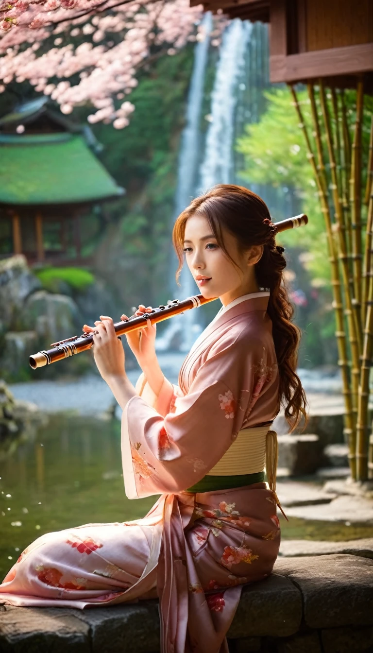 girl in traditional Japanese dress playing bamboo flute, Japanese cherry blossom tree, flowing waterfall, ancient house lit up with lights, girl reddish brown, medium length hair, wavy hair, no bangs, green eyes. beautiful girl, detailed eyes, detailed face, detailed hands, quiet morning atmosphere, electronic focus, warm light, elegant rose petals, Japanese natural garden, majestic beautiful blue lake in the background, peaceful mountains, mysterious mist, warm color effect, delicate bokeh effect, shallow DOF, Takashi Hiroaki's style, Japanese ink painting, high contrast, cinematic, surreal, 8k, detailed texture, vibrant colors, intricate details, natural atmosphere