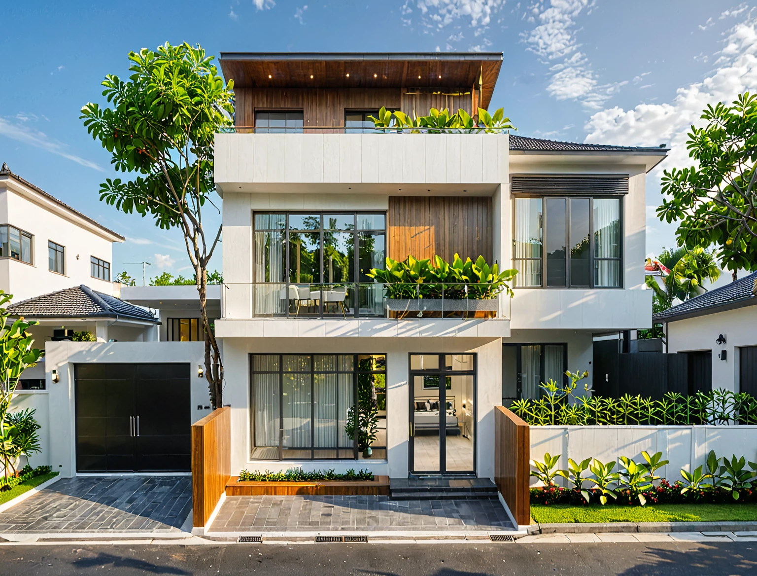 modern villa on street, (daylight), tropical tree, vivid colour, streetcapes, white tone, white wall, large glass door, warm interior lighting, wood, raw photo, ultra realistic, best quality, 17ArchiAI_XL_VL-v1
