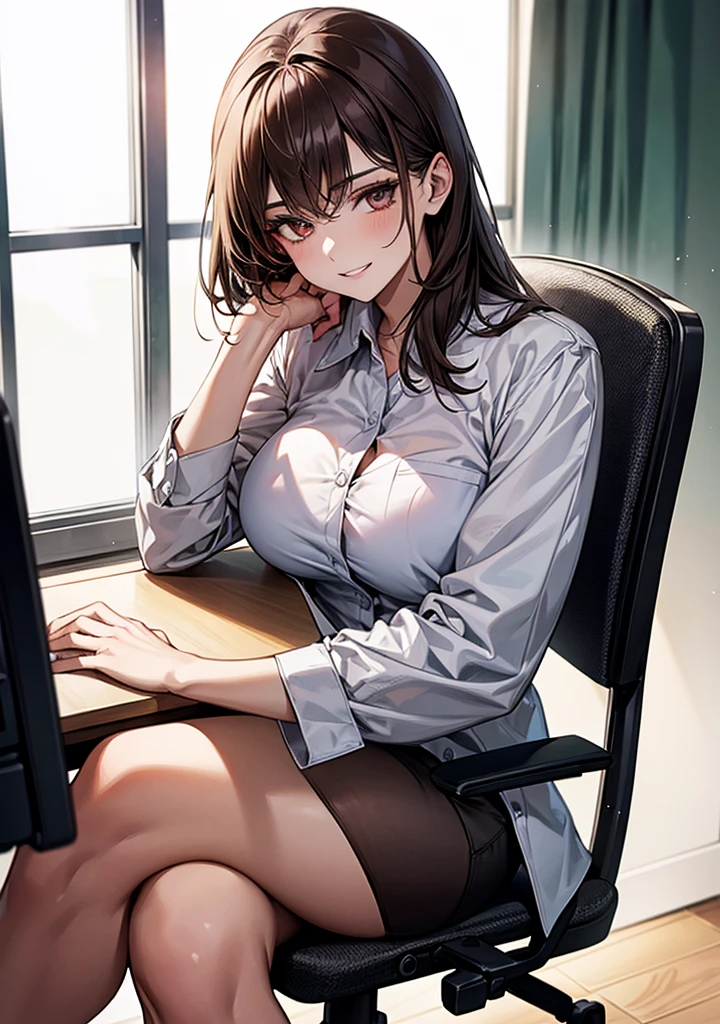 (masterpiece, best quality, high quality, ultra detailed, extremely detailed, ultra high res, best aesthetic, 8k),
(1woman:1.5), (sitting in a chair at work with legs crossed), (print bra, print panties), high quality underwear, (glamorous), large breasts, high detailed face, cute face, 36 years old, thoughtful glance, (two legs), smirk, (see-through breasts), (areolas showing through the bra), (crossed legs),
BREAK,
brown eyes, beautiful eyes, (looking at viewer), close-up of the subject
BREAK,
(front open white coat),
BREAK,
(school nurse's office, office chair, office desk), window