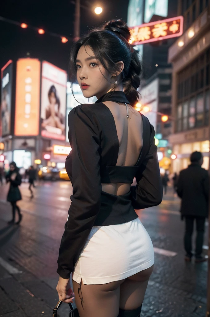 (((best quality))),(((ultra detailed))),(((masterpiece))),illustration,1girl,slim,vibrant rose-pink cotton dress,short ponytail,pantyhose,standing, bustling city streets, honking cars,surrounded by crowded crowds, colorful advertisements,enjoying sights and sounds,(dark black skin:1.5),day scene,upper body,from front, back,towering ,