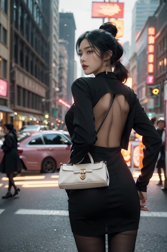 (((best quality))),(((ultra detailed))),(((masterpiece))),illustration,1girl,slim,vibrant rose-pink cotton dress,short ponytail,pantyhose,standing, bustling city streets, honking cars,surrounded by crowded crowds, colorful advertisements,enjoying sights and sounds,(dark black skin:1.5),day scene,upper body,from front,bare back,towering hips,butt crack