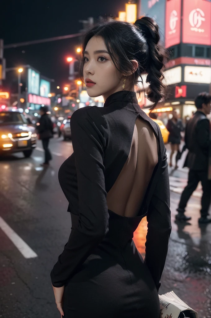 (((best quality))),(((ultra detailed))),(((masterpiece))),illustration,1girl,slim,vibrant rose-pink cotton dress,short ponytail,pantyhose,standing, bustling city streets, honking cars,surrounded by crowded crowds, colorful advertisements,enjoying sights and sounds,(dark black skin:1.5),day scene,upper body,from front, back,towering hips,butt crack