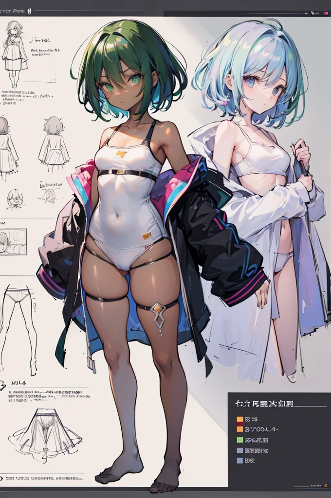 multiple views, pencil sketch, (sketch:1.25), (,small breasts,), ((no shoes)), shy, best quality, graphite \\(medium\\), ske, gradient, rainbow, note, Line draft, highres, absurdres, (ultra-detailed:1.1), (illustration:1.1), (infographic:1.2), pajamas, (all clothes configuration:1.15), (solo), perfectly drawn hands, standing, cohesive background, paper, action, (character design:1.1), beltbra, corin, 1girl, ((dark skin)), short hair, green hair, bandaid on leg,