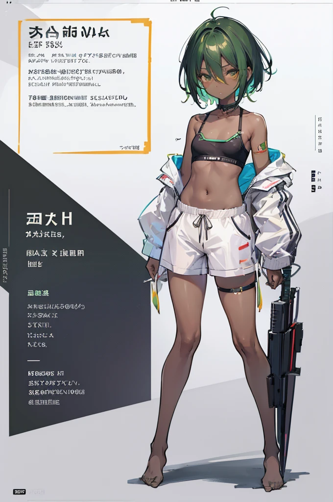 multiple views, pencil sketch, (sketch:1.25), (little girl,small breasts,), ((no shoes)), shy, best quality, graphite \\(medium\\), ske, gradient, rainbow, note, Line draft, highres, absurdres, (ultra-detailed:1.1), (illustration:1.1), (infographic:1.2), pajamas, (all clothes configuration:1.15), (solo), perfectly drawn hands, standing, cohesive background, paper, action, (character design:1.1), beltbra, corin, 1girl, ((dark skin)), short hair, green hair, bandaid on leg,