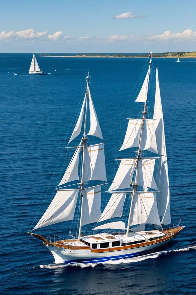 A marine sailboat with blue and white color and a pirate ship