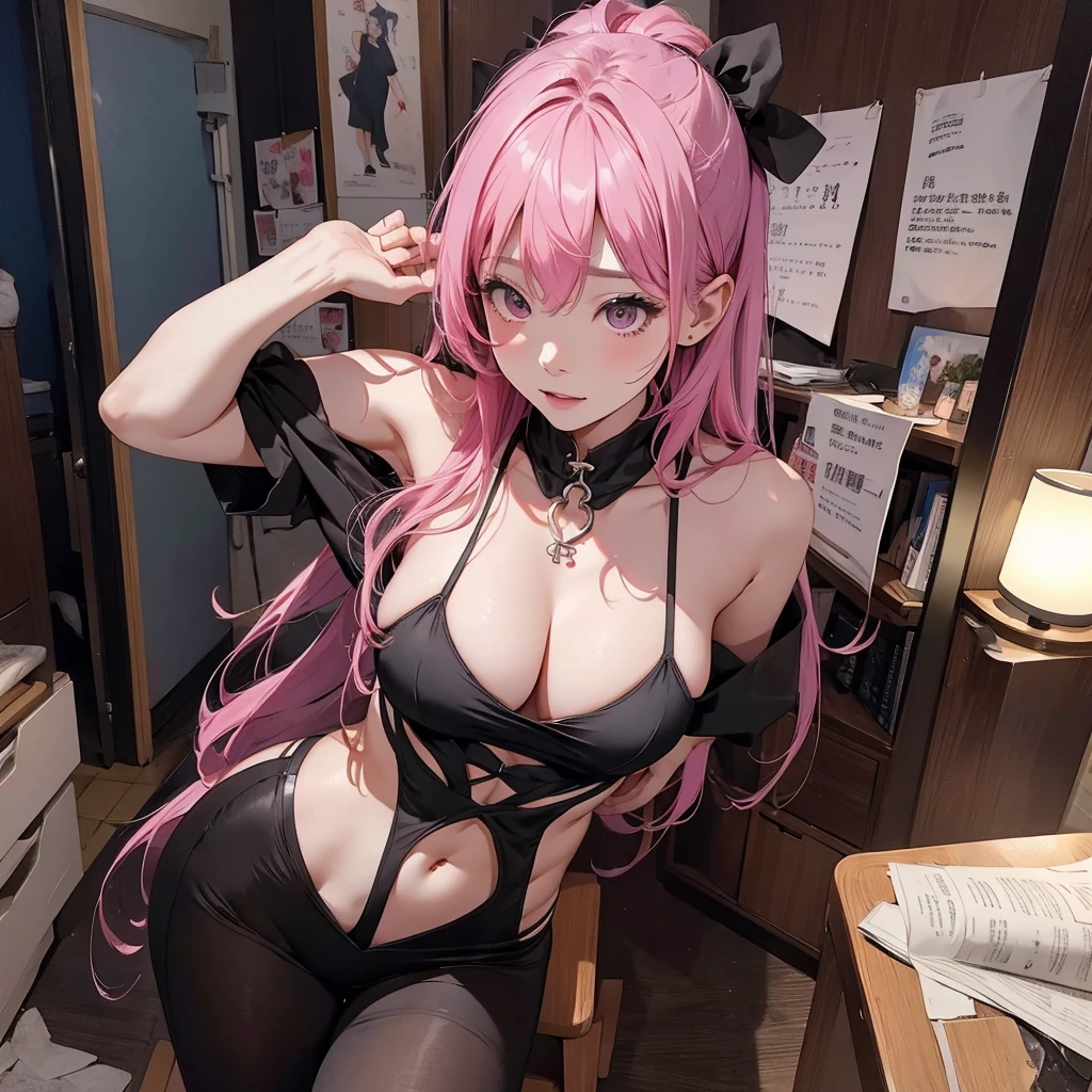 Highest quality、masterpiece、High sensitivity、High resolution、Detailed Description、Slim Body、pink hair、black dressed、