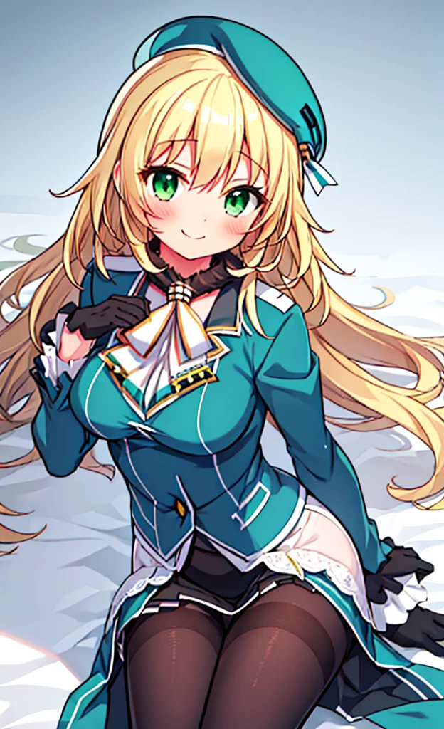 masterpiece,Highest quality,1 Girl,alone,blush with embarrassment,(Bold:1.6),(flat:1.5), Atago, (Fleet Collection),(Portraiture:1.2),blonde_hair,length_hair,big_chest,Have,smile,beret,green_eye,green_eye,black_gloves,black INNER SKIRT,uniform,pantyhose, slit_blue long skirt,