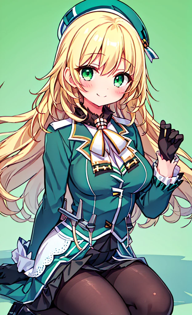 masterpiece,Highest quality,1 Girl,alone,blush with embarrassment,(Bold:1.6),(flat:1.5), Atago, (Fleet Collection),(Portraiture:1.2),blonde_hair,length_hair,big_chest,Have,smile,beret,green_eye,green_eye,black_gloves,black INNER SKIRT,uniform,pantyhose, slit_blue long skirt,
