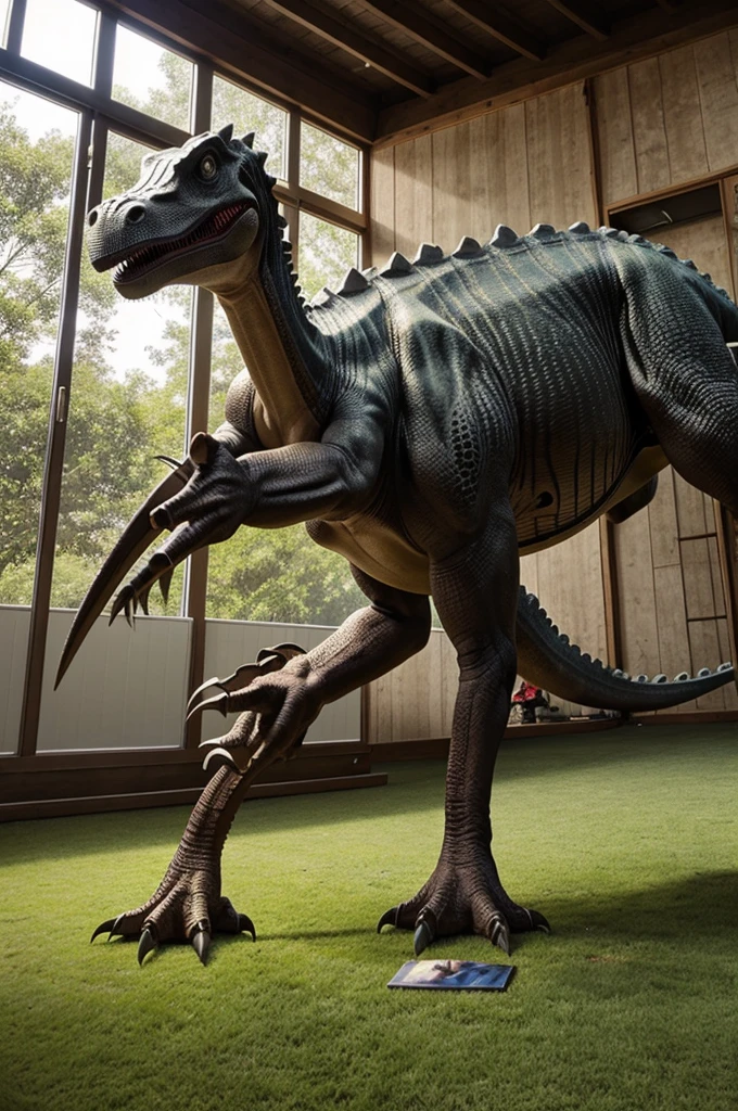 Photo of a dinosaur playing with a 
