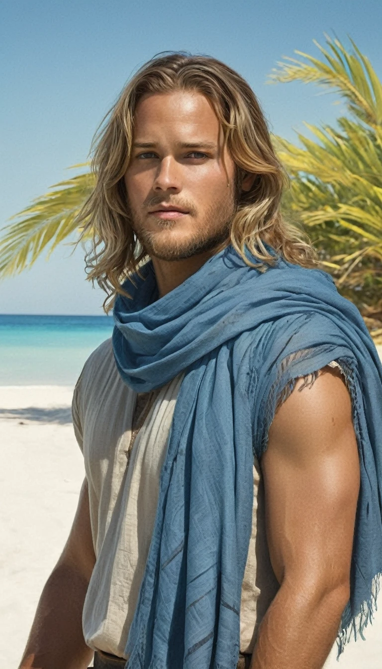 An illustrated movie poster, hand-drawn, full color, a male ranger, 28 years-old, resembles Travis Fimmel, wearing a linen tunic and a shemagh scarf, sun-tanned skin, stocky physique, deep crystal blue eyes, wide straight nose, light blonde hair, longhair, thick straight eyebrows, broad chest, posing on a tropical beach, hard shadows, graphite shading, stencil markings, airbrushed acrylic paint, masterpiece, in the style of Lord of the Rings 