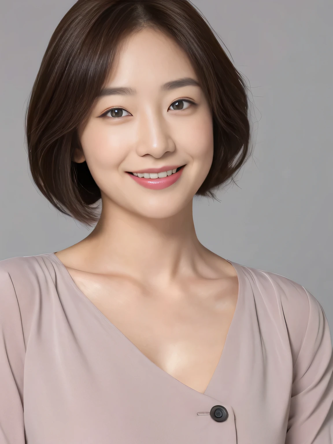 ((Highest quality、8K、masterpiece:1.3))、1 Girl、Thin abdominal muscles、Highly detailed face、Detailed eyes、double eyelid、Large Breasts、E cup breasts、、40-year-old woman、short hair、Straight Bob Hair、のあるshort hair、Laughter、Beautiful girl highlighting her :1.3、Clothing with a loose chest、Upper Body、gray plain background、smile