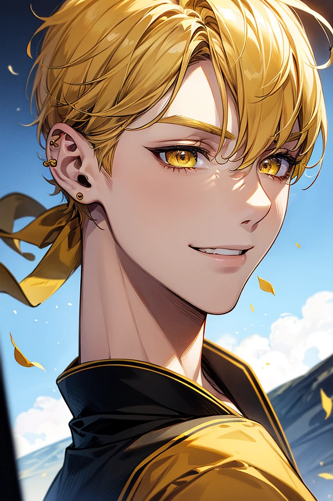 (Pieces fly), (Highest quality), Very detailed, 1 person, alone, Perfect Face, Pretty face, Very detailed顔,Yellow shorthair, Yellow eyebrows、Handsome man with expressive eyes, smile, Yellow Eyes、Ryota Huangsawa、profile、Left ear piercing