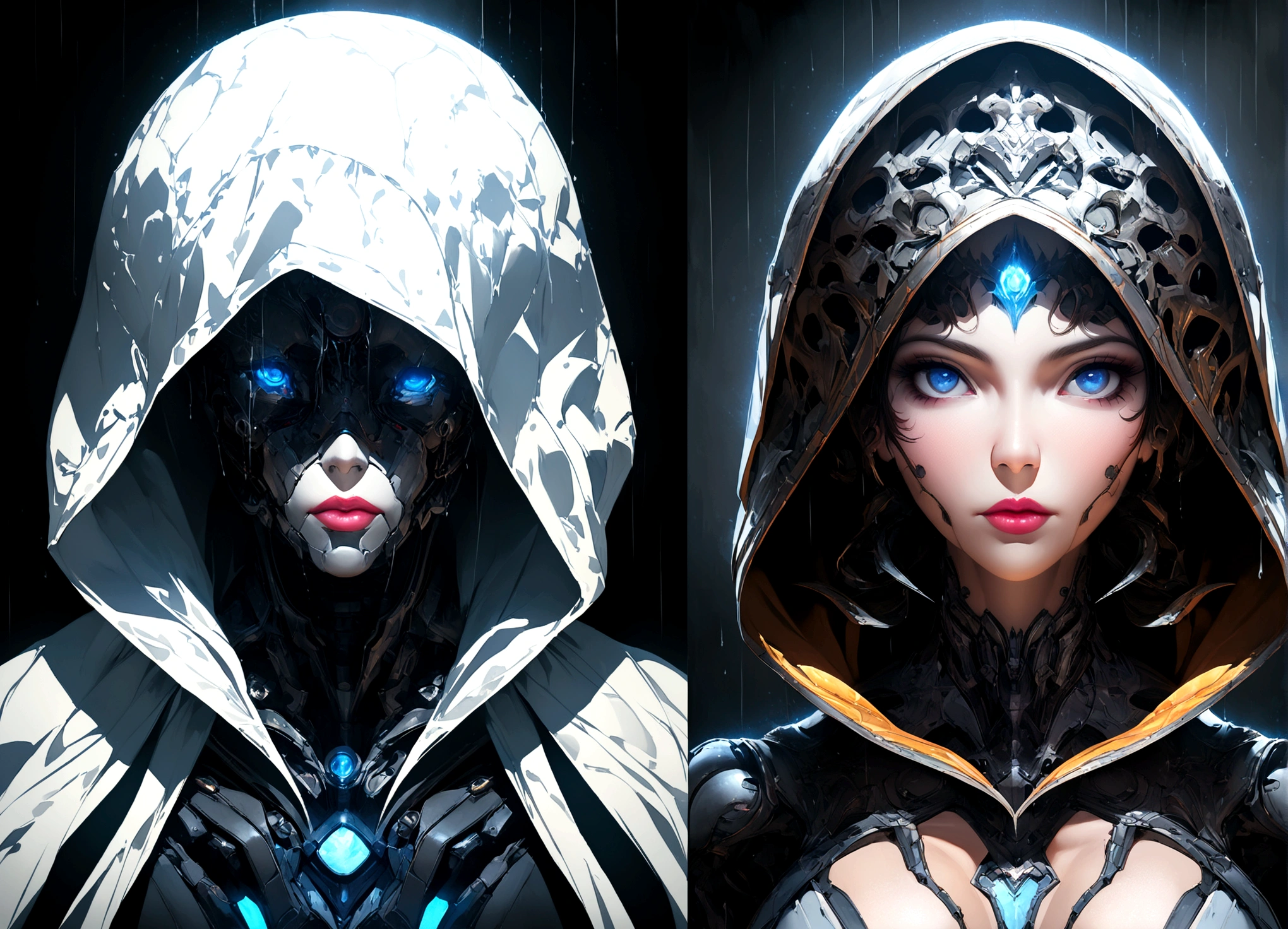 masterpiece, cyborg, The body is glamorous、, Wearing a hood, Shrouded in shadow, , Positano colours, Completely in frame, whole body, Emits electrical energy, whole body, Beautiful anime waifu style man, Ultra-detailed CG paintings, Luminism, Art by Kahn Griffith and Vadim Kashin Concept Art, 8K resolution, Fractal isometric details Bioluminescence , complicatedly detailed , Cinematic, trending on art station Isometric Centered hyper Realistic cover photo awesome full color, Grainy, Realistic, complicated, Hit definition , Cinematic, Bold, Vibrant, amazing, Super high quality model、Being pelted by rain in the dark、Controlling Lightning、Blue eyes