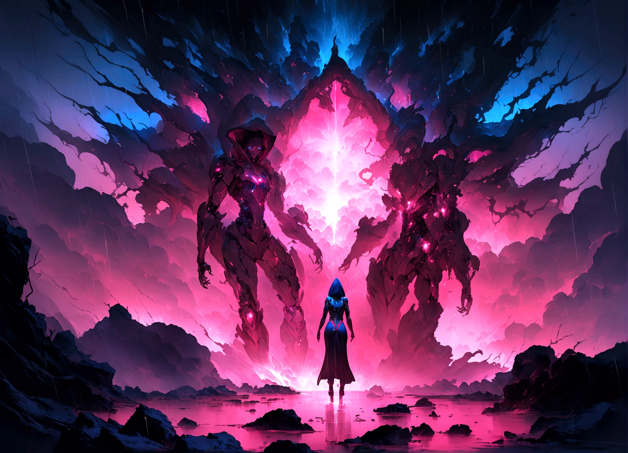 masterpiece, cyborg, The body is glamorous、, Wearing a hood, Shrouded in shadow, , Positano colours, Completely in frame, whole body, Emits electrical energy, whole body, Beautiful anime waifu style man, Ultra-detailed CG paintings, Luminism, Art by Kahn Griffith and Vadim Kashin Concept Art, 8K resolution, Fractal isometric details Bioluminescence , complicatedly detailed , Cinematic, trending on art station Isometric Centered hyper Realistic cover photo awesome full color,  Grainy, Realistic, complicated, Hit definition , Cinematic, Bold, Vibrant, amazing, Super high quality model、Being pelted by rain in the dark、Controlling Lightning、Blue eyes