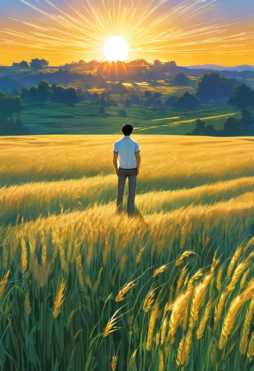 from far, with epic view, a man with black hair and white shirt is standing in wheat meadow, looking at sun set, manga style, digital art, by Marshall Arisman, cover illustration, 70mm, 7 0 mm, 70 mm, book cover illustration, by Brigette Barrager, album cover, novel cover art for a book, art concept for a book cover, cover art, 7 feet tall,