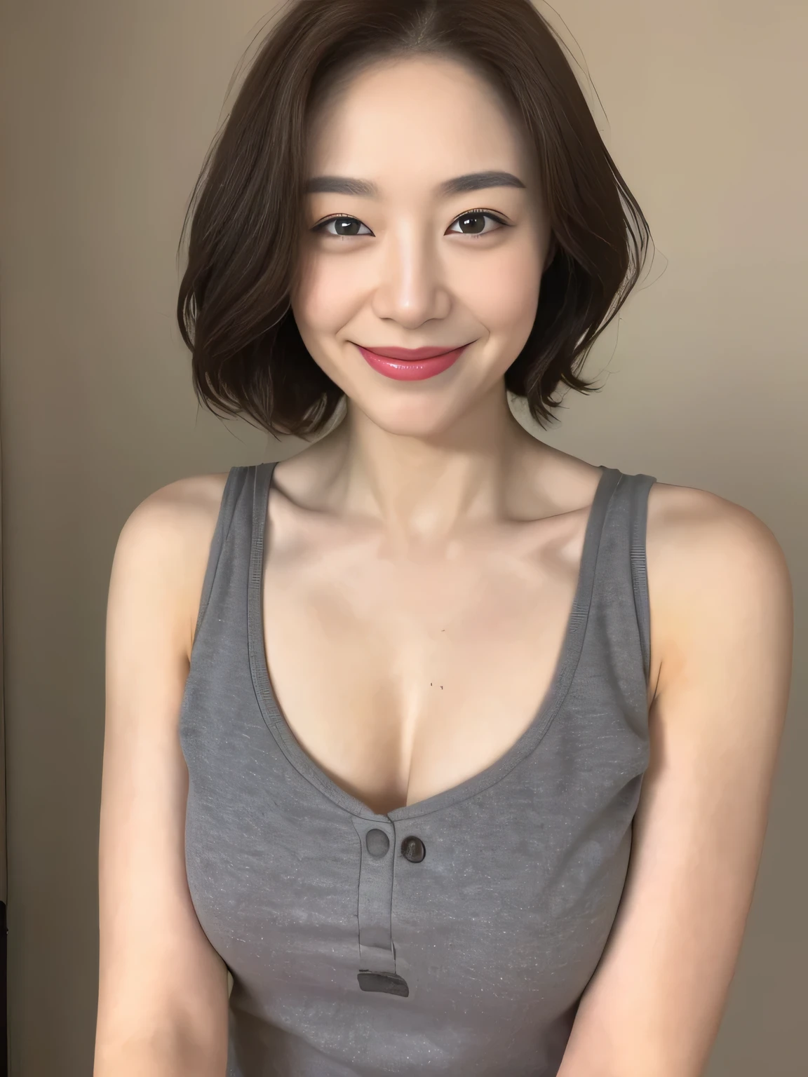 ((Highest quality、8K、masterpiece:1.3))、1 Girl、Thin abdominal muscles、Highly detailed face、Detailed eyes、double eyelid、Large Breasts、E cup breasts、、40-year-old woman、short hair、Straight Bob Hair、のあるshort hair、Laughter、Beautiful girl highlighting her nakedness:1.3、Clothing with a loose chest、Upper Body、gray plain background、smile