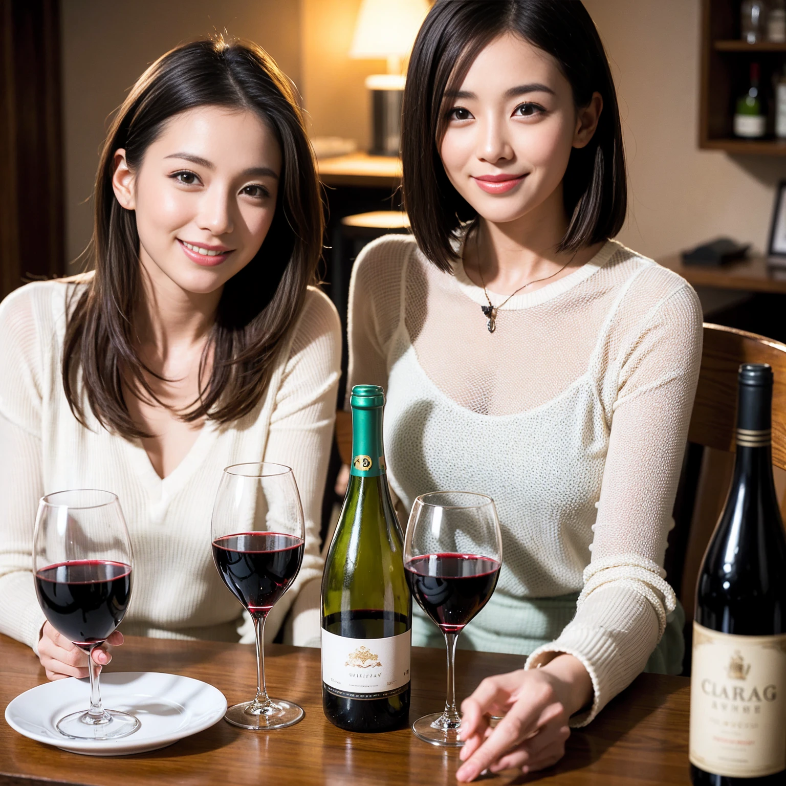 ((Highest quality、8K、masterpiece:1.3))、 (Ultra-realistic、 Genuine、Bright image、Intricate details:1.2), 最高のsmile、1 male、1 female、Beautiful couple、love love love、Lover in Hokkaido、Good friends、actress couple、smile、Full-course dinner at a packed table、 (Slim face), (the body is slim), (Brown Hair), (short hair), テーブルのwine glass、Please shine a light on my face、 Amazing view of the sunset sky and clouds、 39 years old, red wine 、Wine bottle、sparkling wine、Long sleeve shirt、dress、White wine, red wine, wine glass,