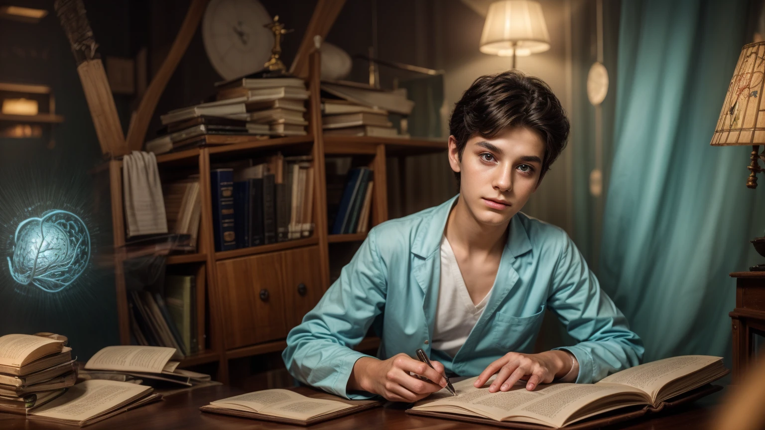 A young male twink boy, cute, beautiful, feminine, with a beautiful face with makeup, black hair, and his eyes have dark circles under them. He is wearing a long-sleeved aquamarine shirt and white jeans. He is in the College of Medicine, studying on the blackboard with brain anatomy written on it. He is sitting at a desk with scientific books on it. Medical and brain anatomy manuscripts
