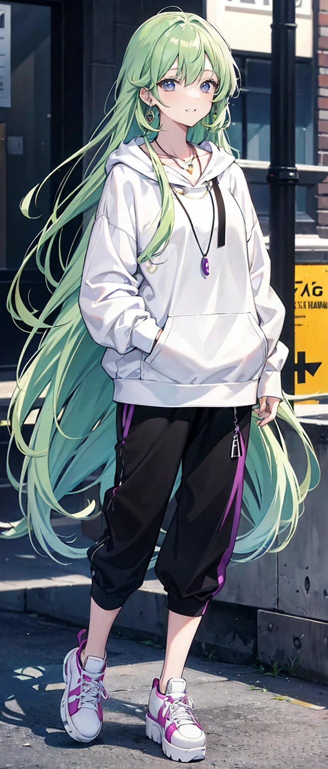 High resolution, high resolution,2D Anime Style,,Cool woman,Mature look,,Late 20s,Beautiful long green hair,Purple Eyes,Beautiful watch,Beautiful earrings,Beautiful necklace,Street fashion,White oversized hoodie,black long wide pants,Platform sneakers,He is smiling a little,In the Studio,I'm playing the guitar,