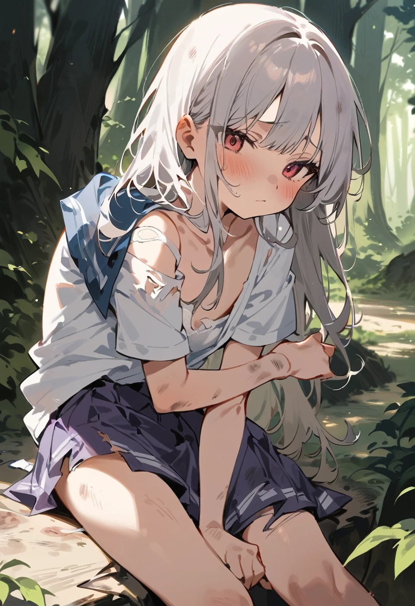 beautiful detailed girl,(masterpiece,best quality,extremely detailed:1.2),((cowboy shot:1.1)),(solo,,kawaii,slender,small breasts:1.25),(pained look:0.8),((white underwear) in ((Torn school uniform)):2),(dirty:2),blush,shy,weep,standing,(deep forest:1.5),(hug:0.4),rating: general, newest,Sexy face,(primitive:1.1)