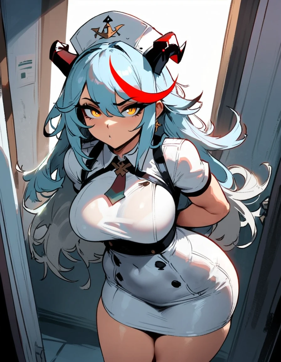 1girl, aegir \(azur lane\), azur lane \\\\\ masterpiece, best quality, very aesthetic, absurdres, newest \\\\\\ sportive body,  \\\\\\ by nyantcha,,by cutesexyrobutts,by khyle ///// white hair with a single prominent red streak, black horns, yellow eyes,  , white background, white (nurse outfit:1.2), skirt, standing, white pencil skirt, nurse cap, hands behind back
