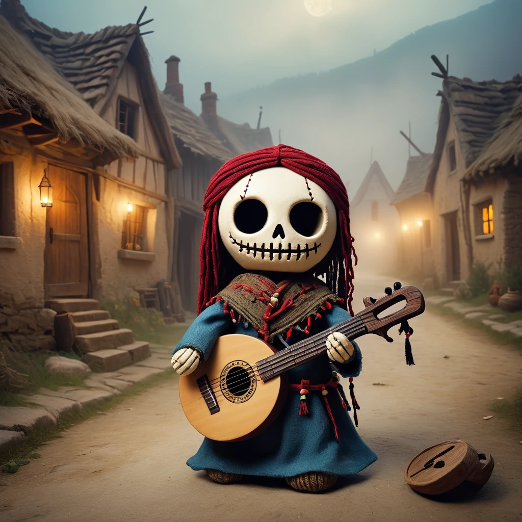 (knitted toy voodoo doll:1.2), (Voodoo Ghost Troubadour:1.3), (clothes Ancient clothes, lute, pale face:1.0), (background Medieval village, abandoned houses, fog:1.3), best quality, masterpiece, detailed soft oil painting, detailed background, dramatic cinematic lighting, soft edge lighting, professional, dramatic lighting, hard edge lighting, ultra quality, 4k, masterpiece, best quality, 8k, ultra high definition, high resolution, extremely detailed