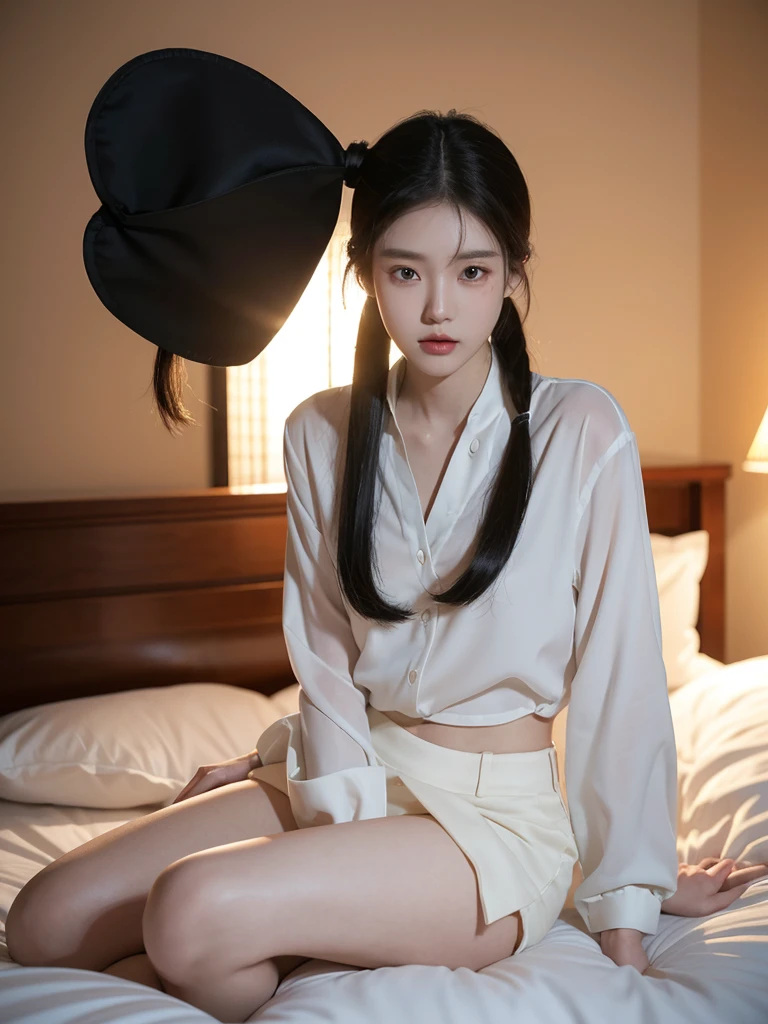 korean model , slim body , 167cm ,Movie Angle,long black ponytails hairstyle, (Cute girl, correct,loose blouse,( art,geomerty),(plethora of colorest quality,high detal,tmasterpiece,Cinematic lighting effects,4K,Chiaroscuro), sitting on bed